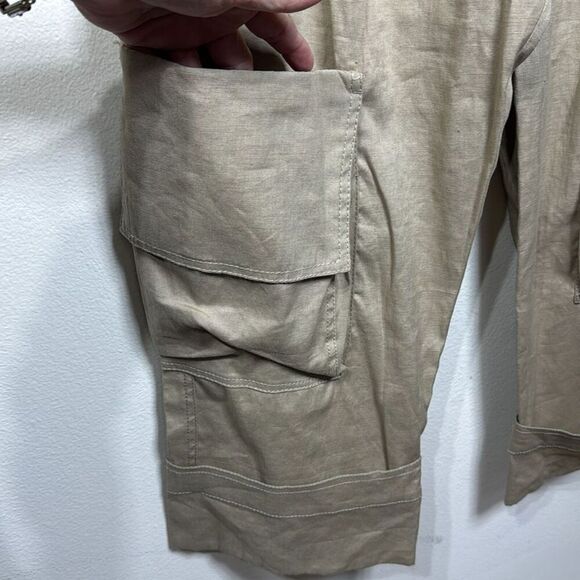 (J) Zara Women Linen Blend Cargo Pants Beige, Straight Leg, Wide Cuffs at Ankle - Picture 4 of 13